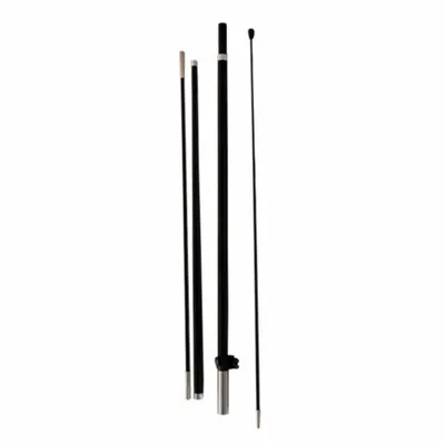 Various disassembled black and silver flagpole components are presented vertically on a white background, perhaps ready for assembly and display purposes.