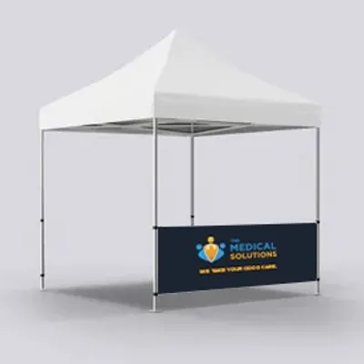 Half Front Wall Single Sided A white promotional tent with a custom-branded banner reading 'MEDICAL SOLUTIONS - We're your health care partner' against a gray background.