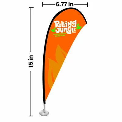 A teardrop-shaped promotional banner featuring the 'Burger King' logo stands upright, affixed to a base on a plain background.
