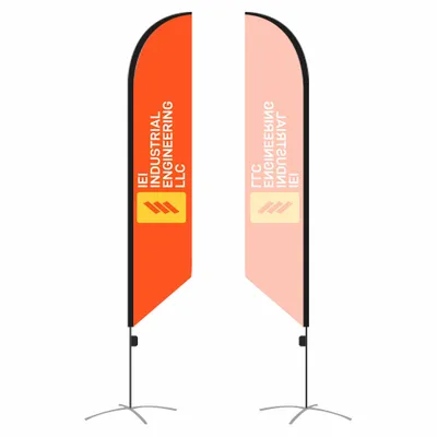 Two teardrop banners with food advertisements, mounted on stands, likely for promotional use at a trade show or storefront.