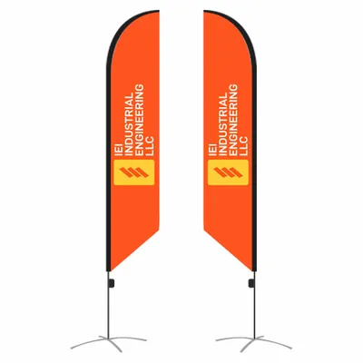 Two vertical teardrop banners with KFC advertising, reading 'it's finger lickin' good,' displayed on metal stands against a white background.