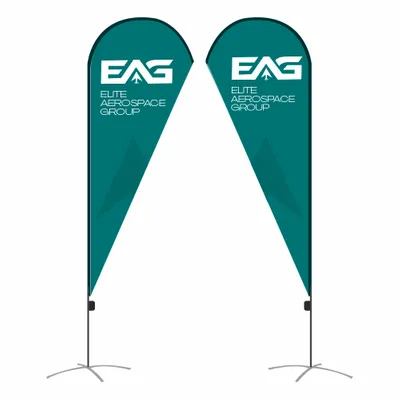 Two vertical teardrop-shaped banners with a colorful M&M's design flank a set of steps, likely advertising the candy at an event or store display.