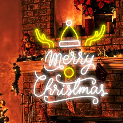 Merry Christmas Deer Horn with Hat Neon Sign