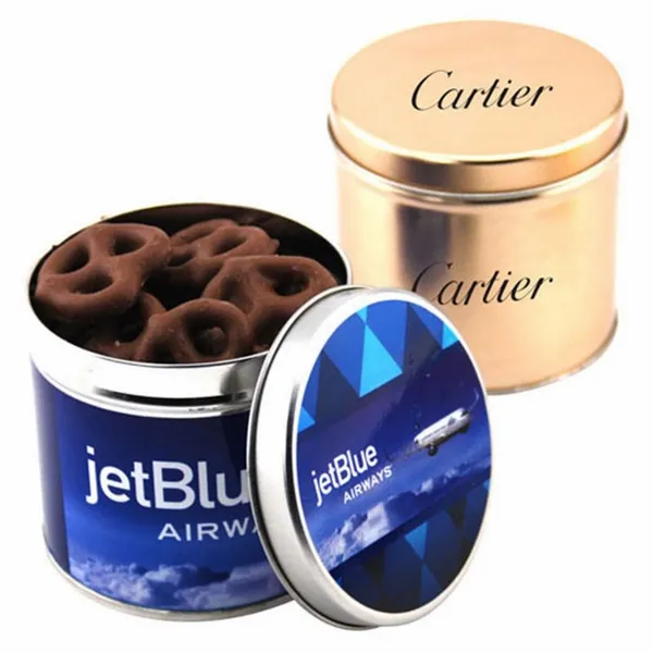 Round Tin with Choc Covered Pretzels - Imprint Now