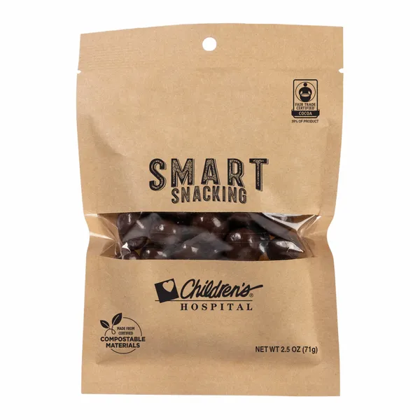 FairTrade Dark Chocolate Almonds in Compostable Kraft Pouch - Imprint Now