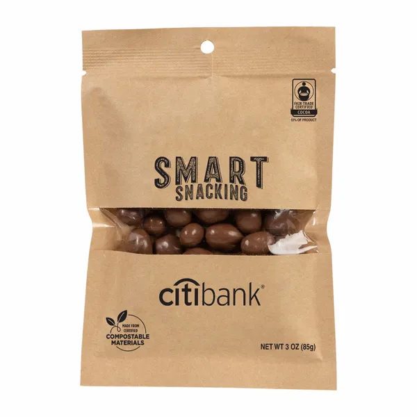 FairTrade Milk Chocolate Raisins in Compostable Kraft Pouch - Imprint Now