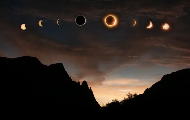 phases of an eclipse over a landscape for can you look at a solar eclipse with sunglasses